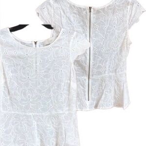 LOFT White Floral Eyelet Peplum Blouse 2P AS IS